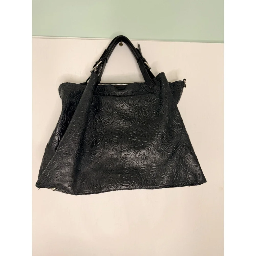 Isadora Italy Black Embossed Floral Leather Hobo Bag Slouchy Shoulder Tote Large